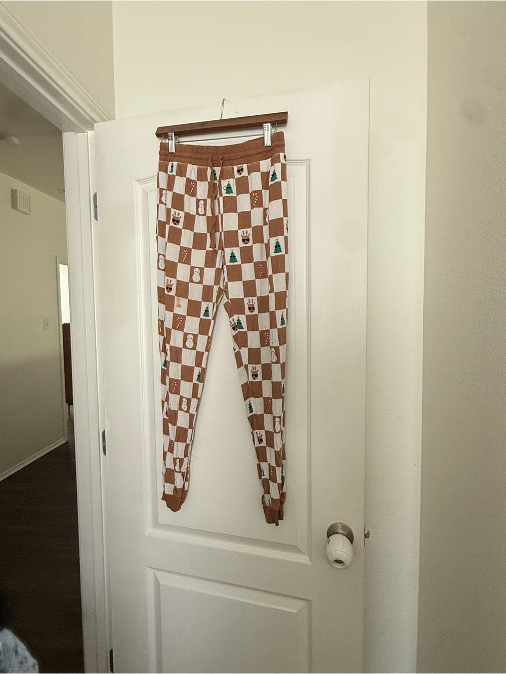 Little Sleepies Brown and White Checkered pajama pants with Green Holiday Icons